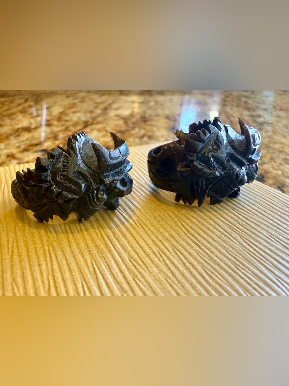 Vintage Balinese Carved Horn Skull/Tortoise Ring Set